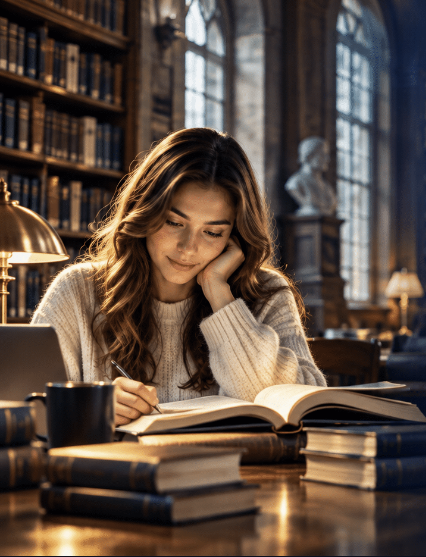Student studying in a grand library